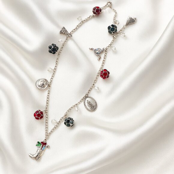 Holiday Charm Necklace with Red & Green Crystal Beads – Festive Silver Jewelry - Picture 1 of 9